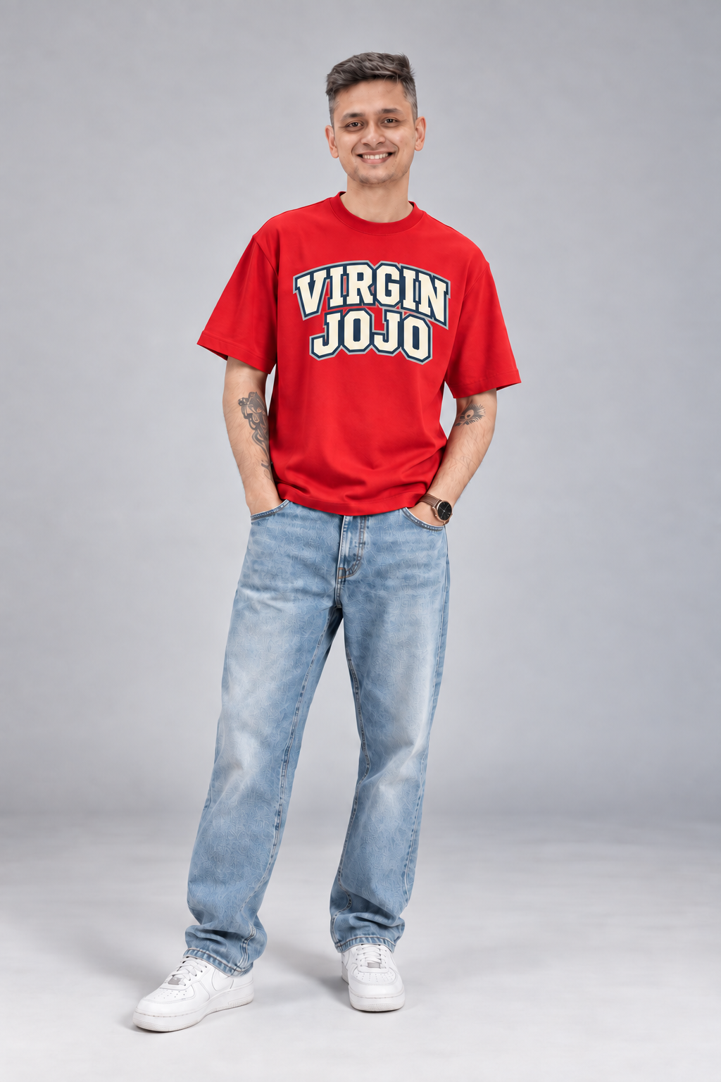 Virgin Jojo model in a red T-shirt