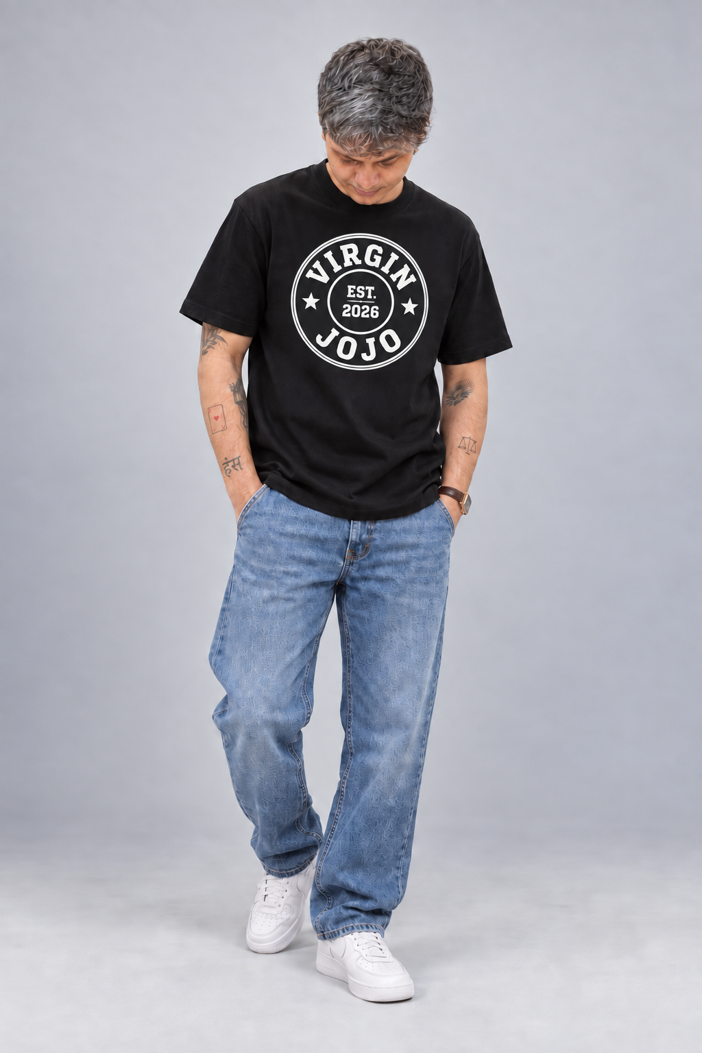 Virgin Jojo campaign model wearing a branded black T-shirt